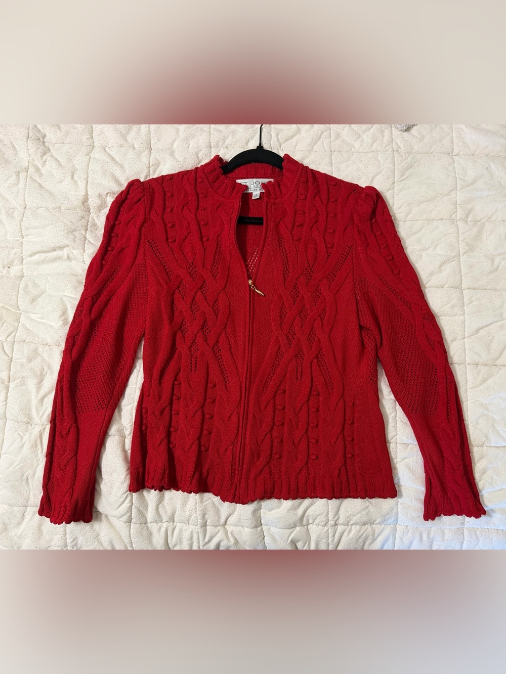 St. John Collection Marie Gray Red Cable Knit Zip Jacket Size 4 Vintage